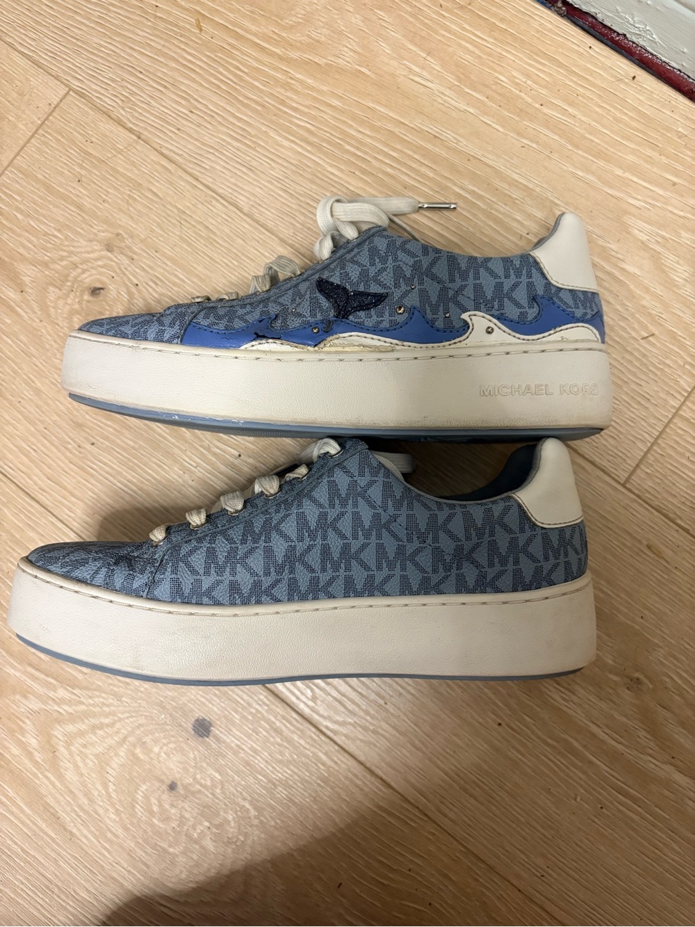 Michael Kors Blue MK Monogram Platform Sneakers with Cream Sole